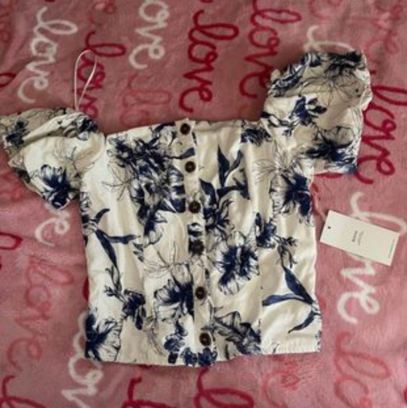 Off Shoulder White and Blue Top - Picture 2 of 4